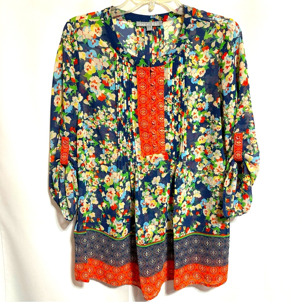 DANIEL RAINN FLORAL MIXED PRINT SEMI-SHEER PLEATED POP-OVER TUNIC BABYDOLL SzM